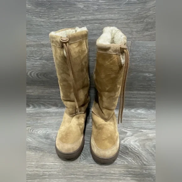 UGG vintage brown tan leather tall Drawatring boots sheepskin Platform Sherpa 9 - Picture 9 of 12